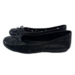 Earth Josie Ballet Flat Black Leather Perforated Slip On Bow Round Toe Womens 8